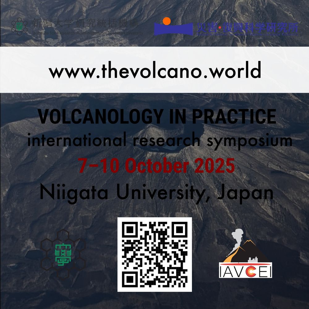 An advertising flyer for a scientific symposium called "Volcanology in Practice". The flyer consists of a semi-transparent background image of Myoko volcano, Japan, overlain by text which reads: 
"www.thevolcano.world
Volcanology in Practice
international research symposium
7–10 October 2025
Niigata University, Japan"
Beneath the text is a QR code which directs to the website. Logos of two Niigata University departments are included at the top of the image. On either side of the QR code is a logo for Niigata University and IAVCEI, respectively.
