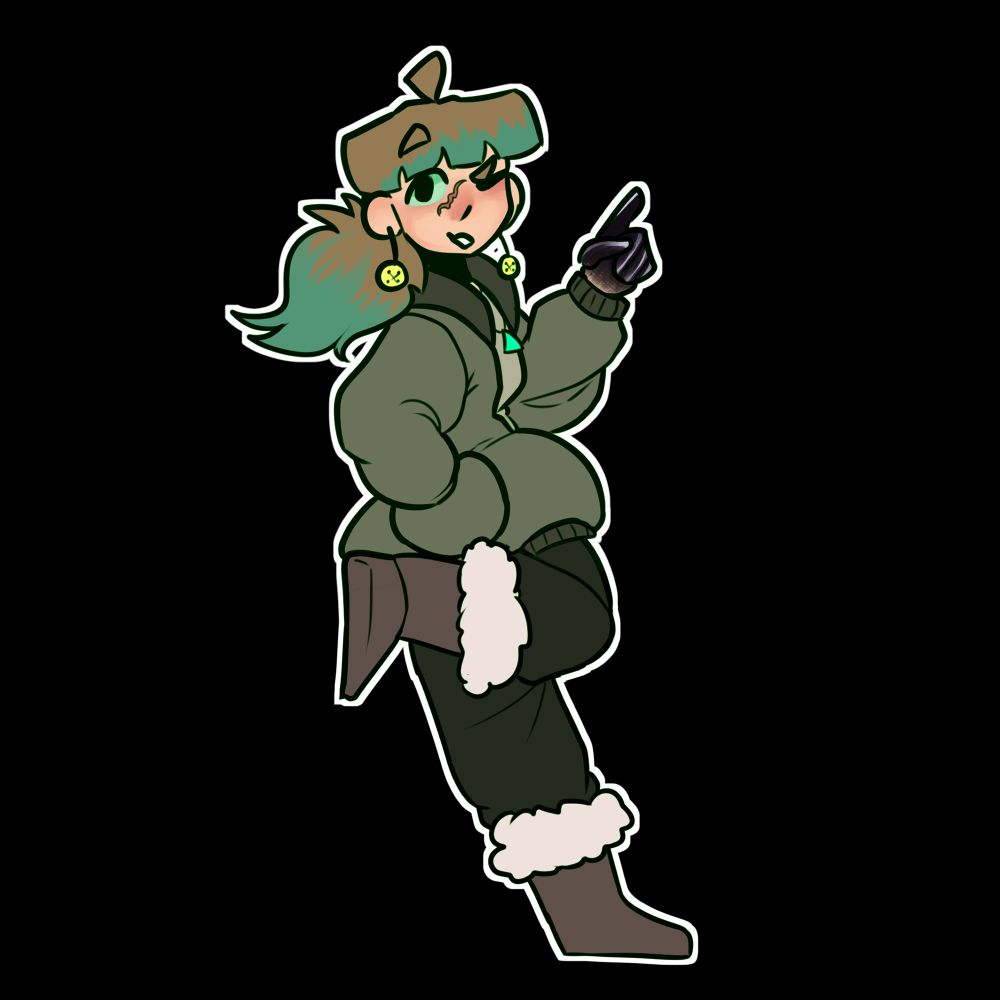 Abbie is the same as the first image, however she now sports a scar on her nose and her eyes are now a cyan hue. Her hands are now black like charcoal fading down her hands, bright multicolored lines like veins starting from her fingernail trail down her hand.