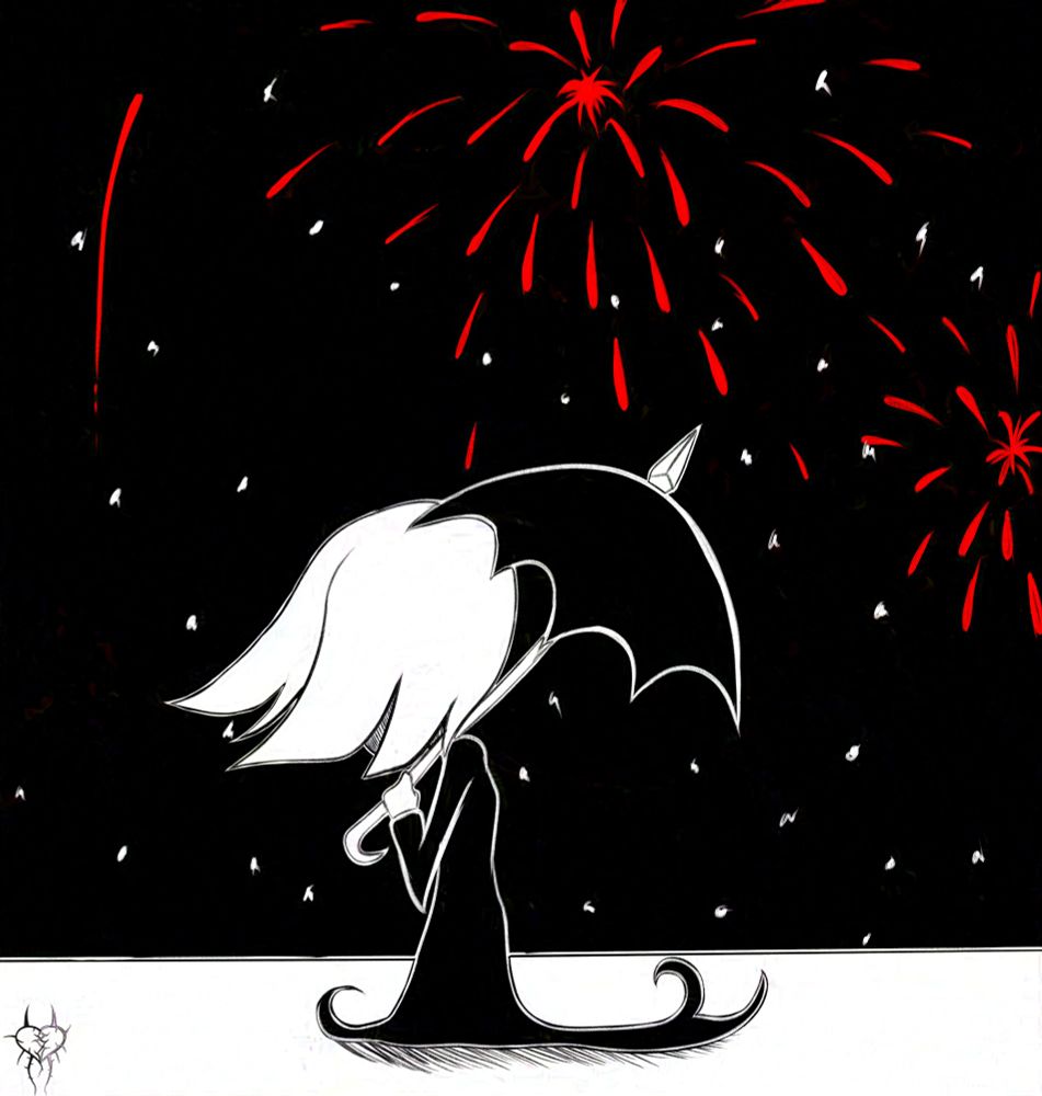 I'm walking with my head down with my head down holding my umbrella. Its snowing with a fireworks show in the background.