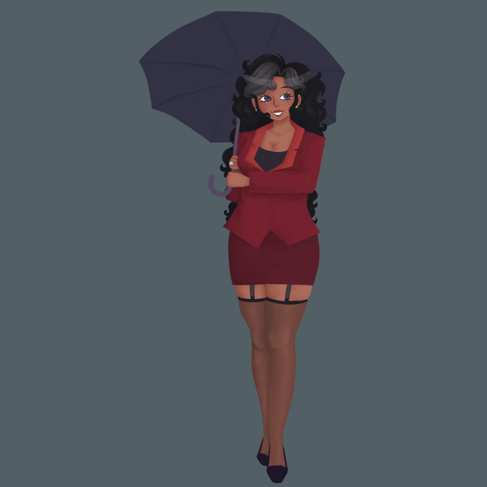 A young woman (Amihan Palamo) stands in front of a blue-gray background. She is carrying a navy umbrella, and is wearing a matching red blazer and skirt, a black undershirt, stockings, and dark blue heels. She has long wavy black hair with gray streaks by her face.