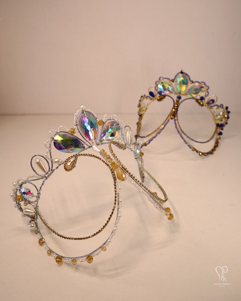 Custom ballet tiara Yana in silver/white compared to original tiara in gold/blue.