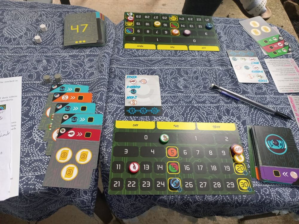 "Rivet Heads" player mats and cards on a small outdoor table with a blue patterned tablecloth