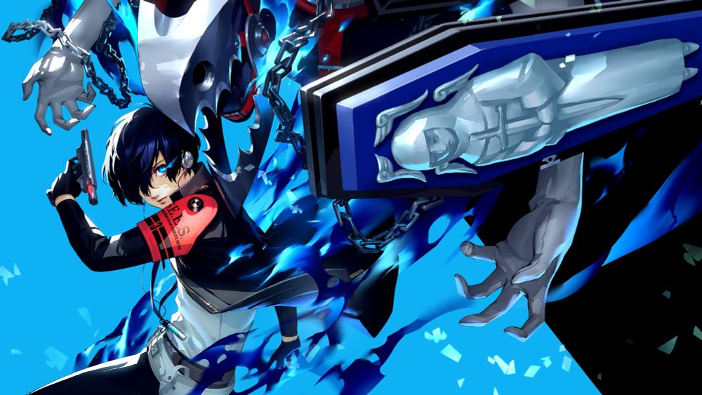 Artwork principal de Persona 3 Reload : le protagoniste brandit son pistolet Evoker, et laisse émaner de son dos la persona Thanatos, qui jaillit au premier plan.