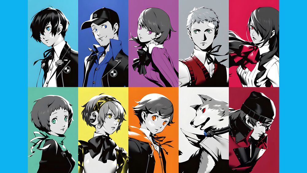 Le casting de Persona 3 Reload, chacun / chacune doté d'un fond d'écran monochrome qui évoque leur couleur principale.