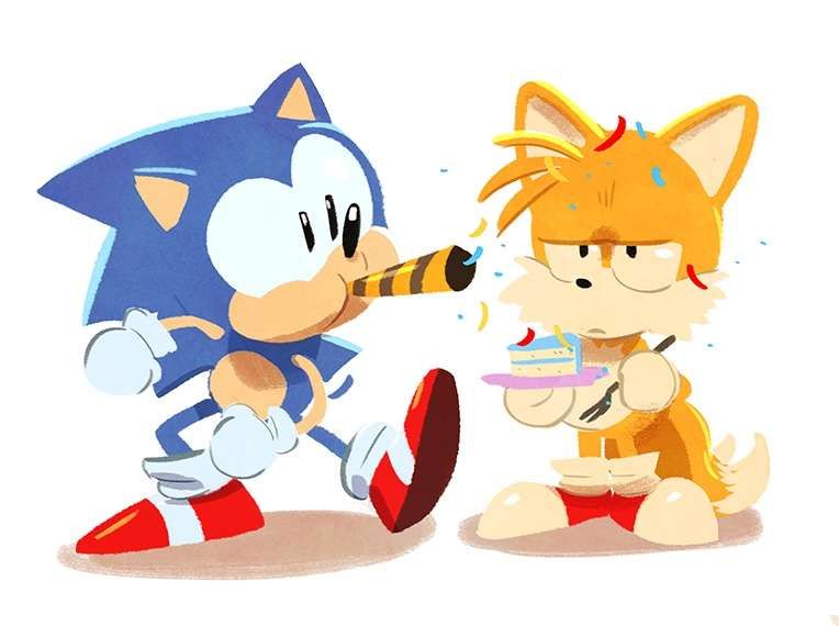 Sonic souffle des cotillons dans le visage de Tails tandis qu'il apporte un gâteau !