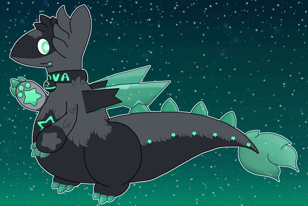 Art of a large dragon creature standing on two legs, covered in varying shades of grey fur. He has a long tail behind him with green stars down the middle, as well as green spikes and tail fluff made of a green goo/jello like substance. More of it makes up his claws on the hands and feet, his tongue, and off of two dark grey nubs on his back forming a resemblance to plane wings. On his neck is a collar that says "Nova" and a bell with a star is attached to the bottom