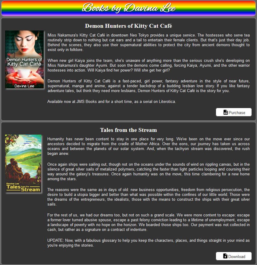 Screenshot of two stories on my web site: Demon Hunters of Kitty Cat Cafe and Tales from the Stream.