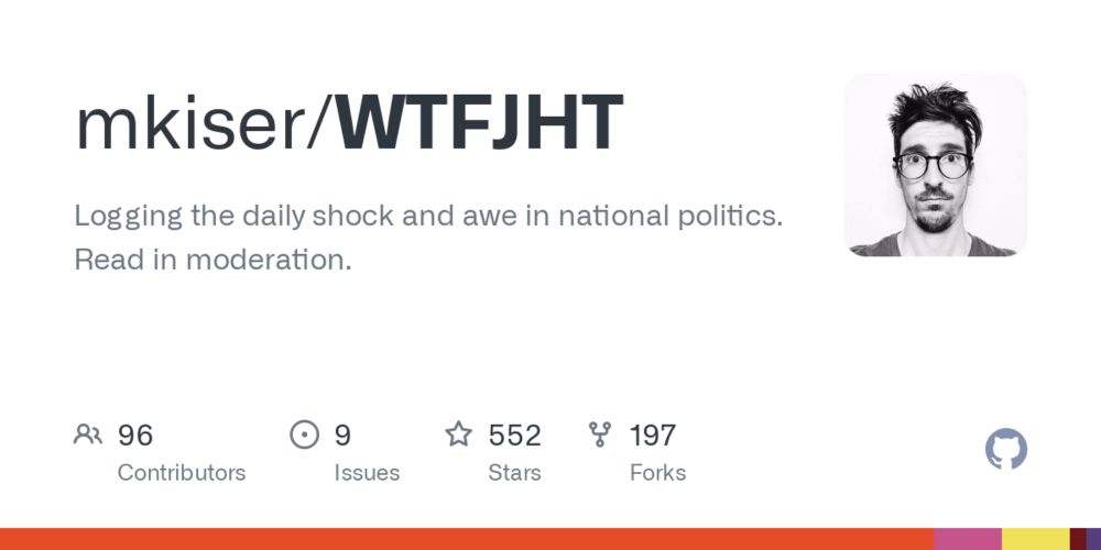 GitHub - mkiser/WTFJHT: Logging the daily shock and awe in national politics. Read in moderation.