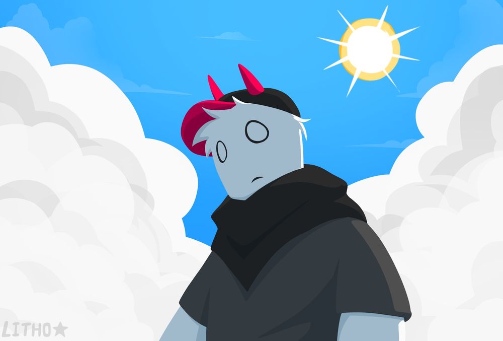 Lineless illustration of a roblox character in front of a blue sky with large clouds.