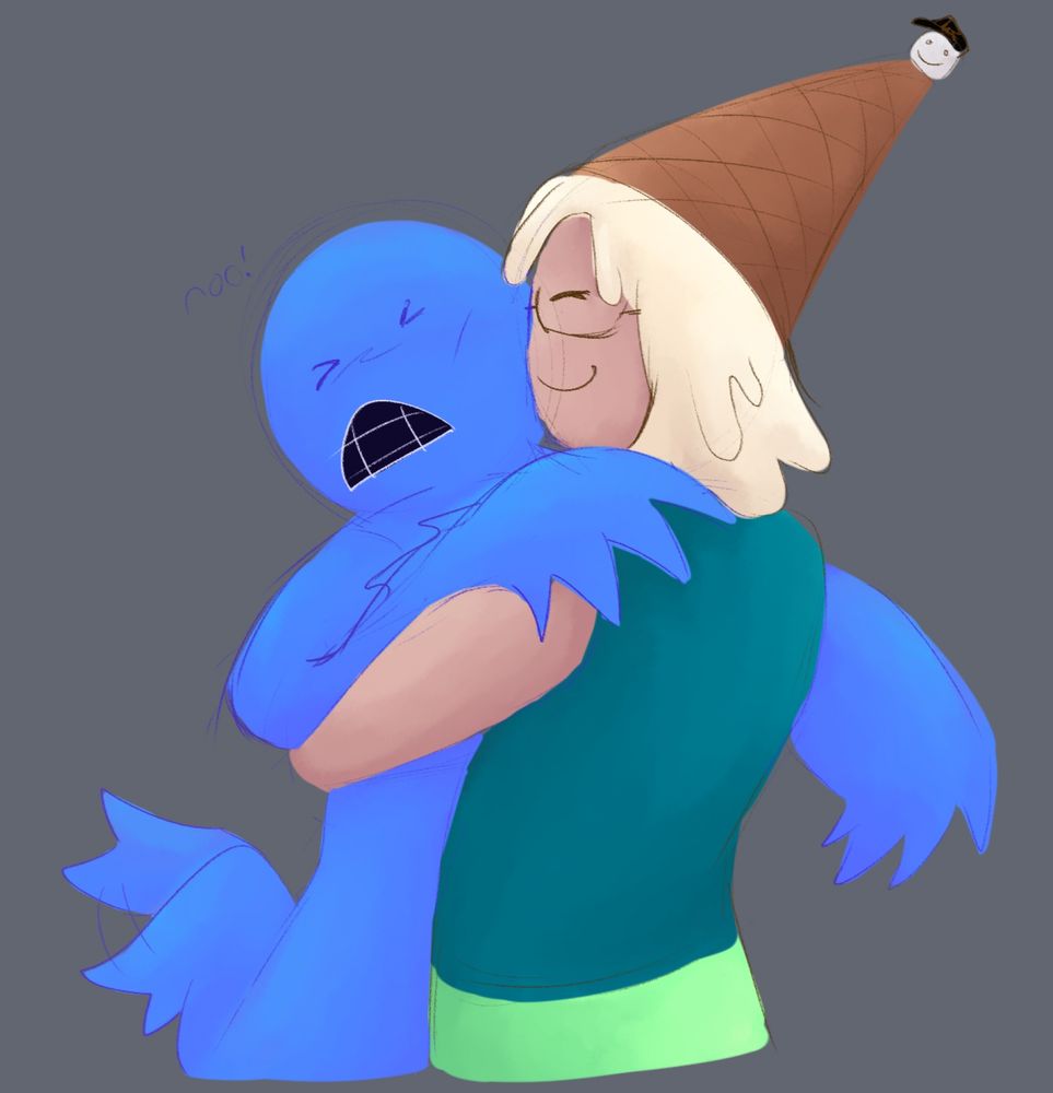 118o8 hugging an embarrassed bluudud who is frowning and saying "no!" but wagging his tail.
