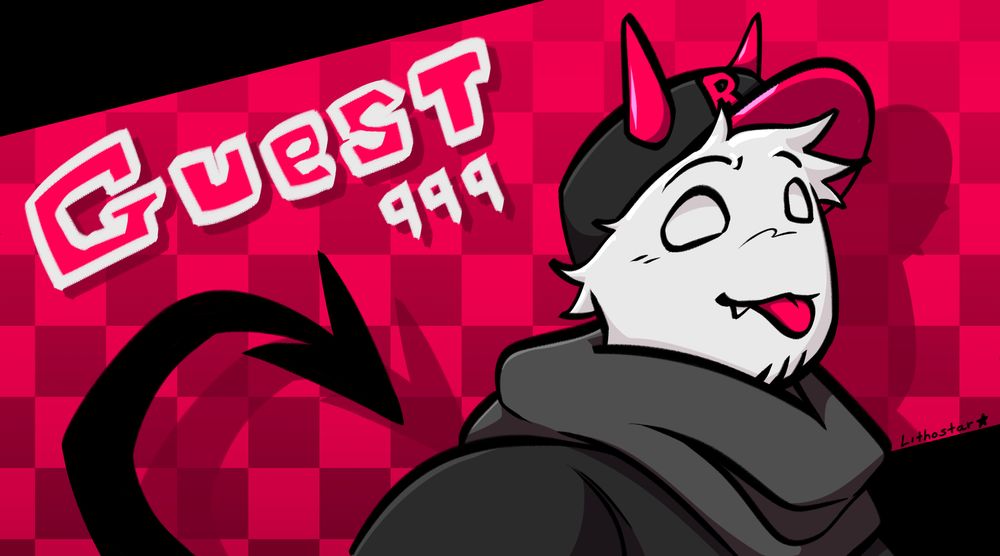 Art of a Roblox Guest in front of a red checkered background with the text "Guest 999."