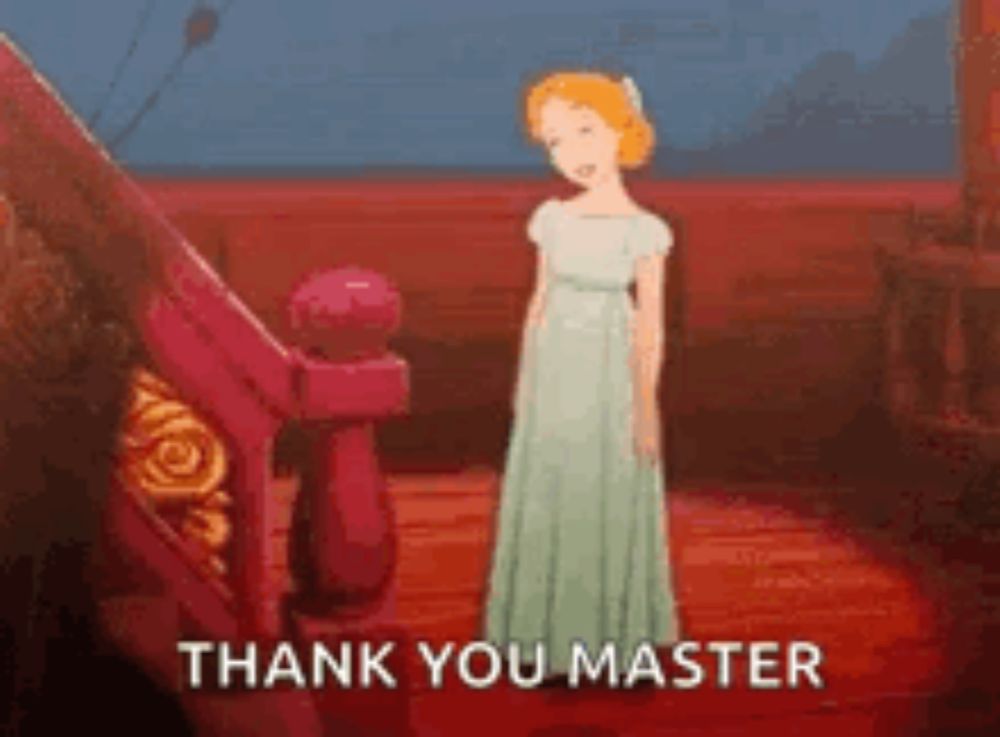 a cartoon of a woman in a white dress standing next to a red railing and saying `` thank you master '' .