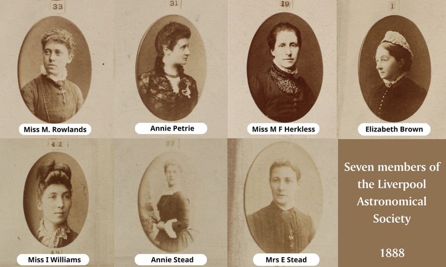 Seven women members of the Liverpool Astronomical Society in an 1888 photograph.