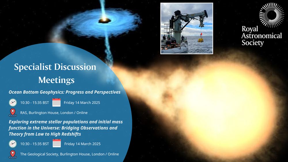 Graphic promoting the RAS Specialist Discussion Meetings for March, with the depiction of an extreme stellar explosion as the background and an inset image of a scientific research boat carrying out exploration work.
