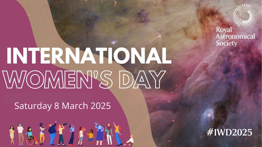 Graphic celebrating International Women's Day on a colourful galaxy background.