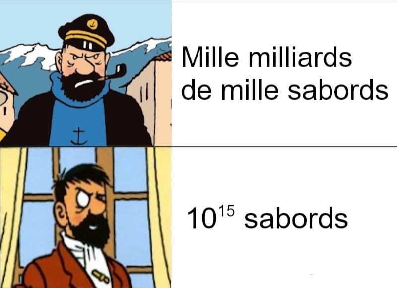 Deux images représentant le capitaine Haddock à côté d'un texte.
1) Grincheux, habillé classique avec sa casquette de marin et sa pipe : "Mille milliards de mille sabords"
2) Habillé en aristocrate, à Moulinsart, avec un sourire triomphant et un monocle : "10 puissance 15 sabords"