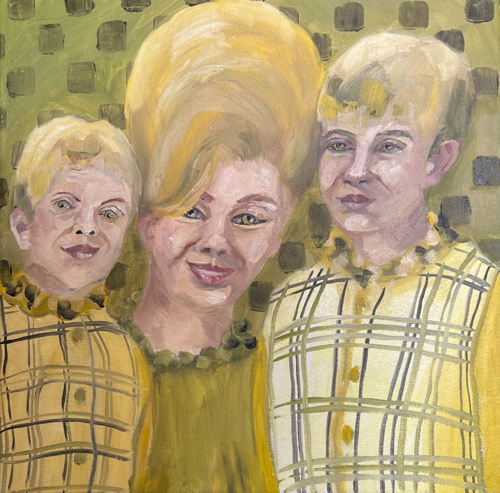 Sixties hair; who doesn’t love it? Those beehives, man, they were something. Yt mother and two girls done in mostly yellows and greens. Checkered wall in behind.