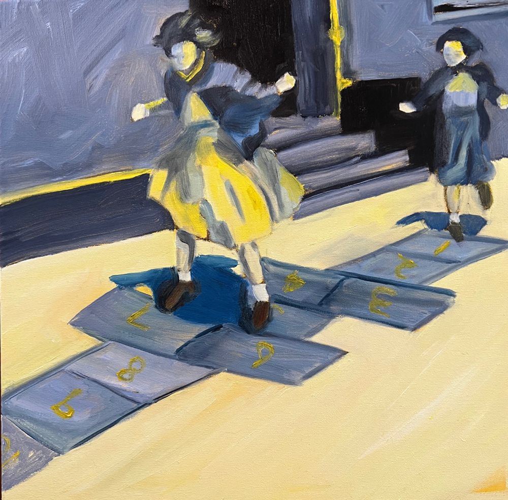 How does this make you feel? Do you feel joyous, can you feel the freedom of your young body? Two girls play hopscotch. Tones of blue and yellow. Oil 20x20” for sale.