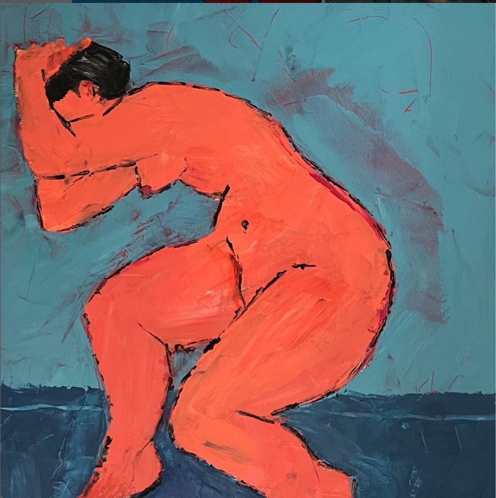 Woman crouching, done in orange with deep blue floor and turquoise wall. Cold wax and oil, 2024, 16x20”. DM for purchase.