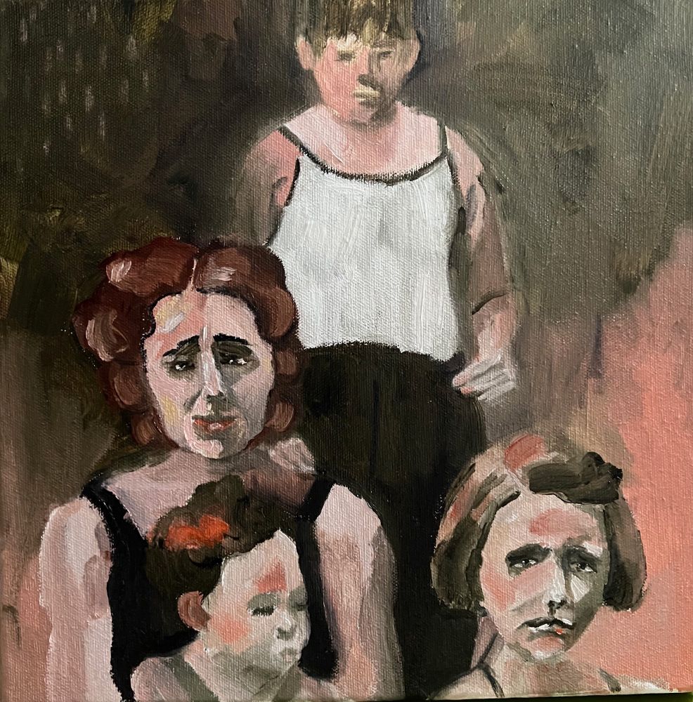 Working again on oil paintings from old images. Why is this mother so worried? I wonder what her worries might be. Has her husband left her to support the kids alone?

Yt family, of older son, mother, young child, maybe 10 yo girl? Tones of peach/green/brown.

20”x20” oil on stretched canvas