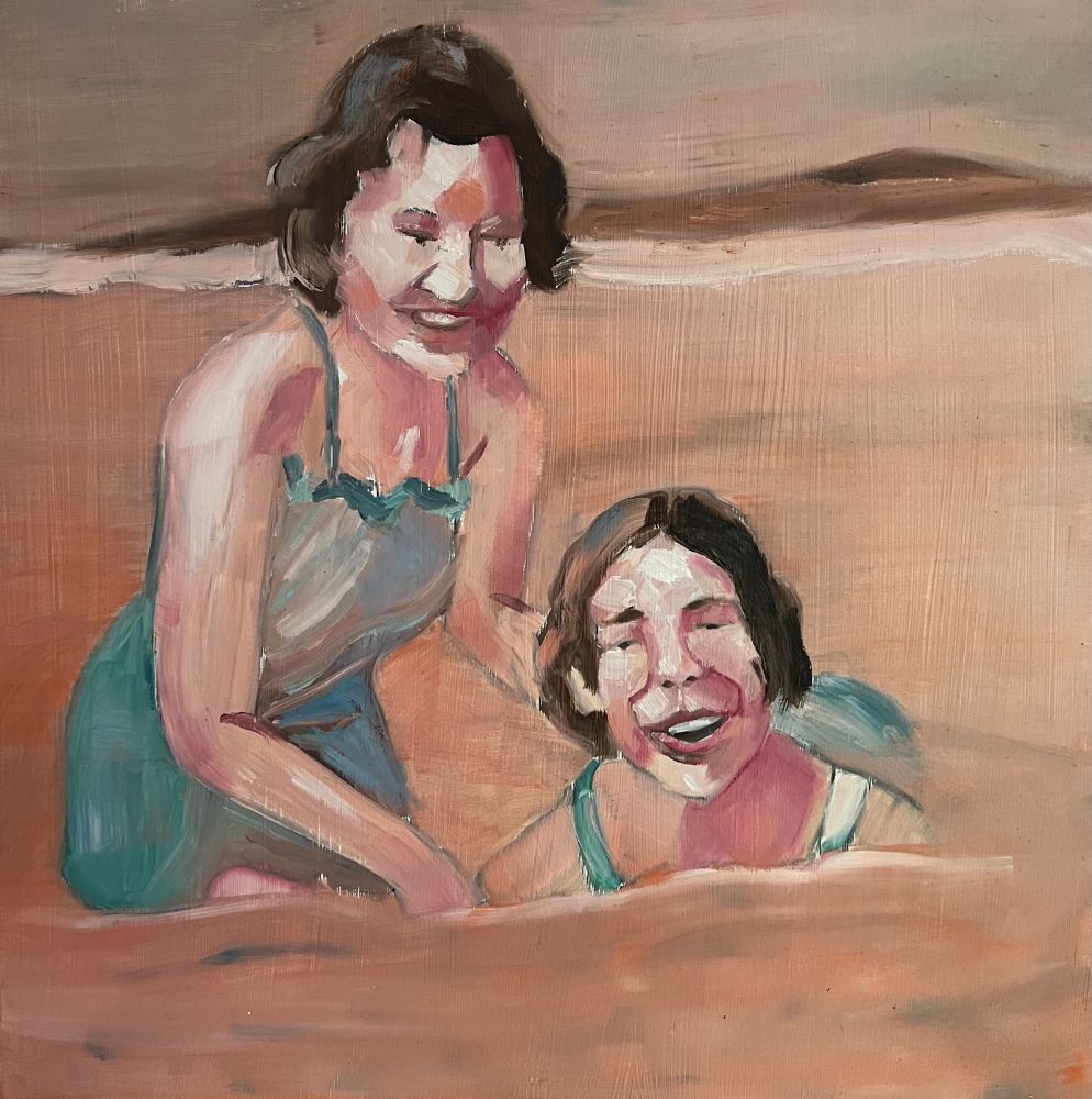 What’s happening here? Two women in bathing suits, one probably helping the other to learn how to swim? Do you remember learning to swim, when someone else had to hold you up? Oil on board, 20x20"