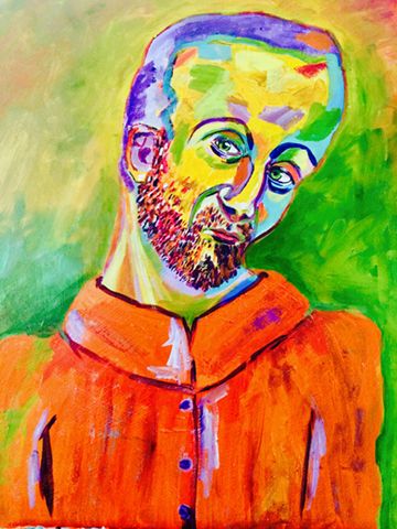 Acrylic, unsure of size. Man in orange shirt on green bkgd, with beard and purple hair. Tilt of head.