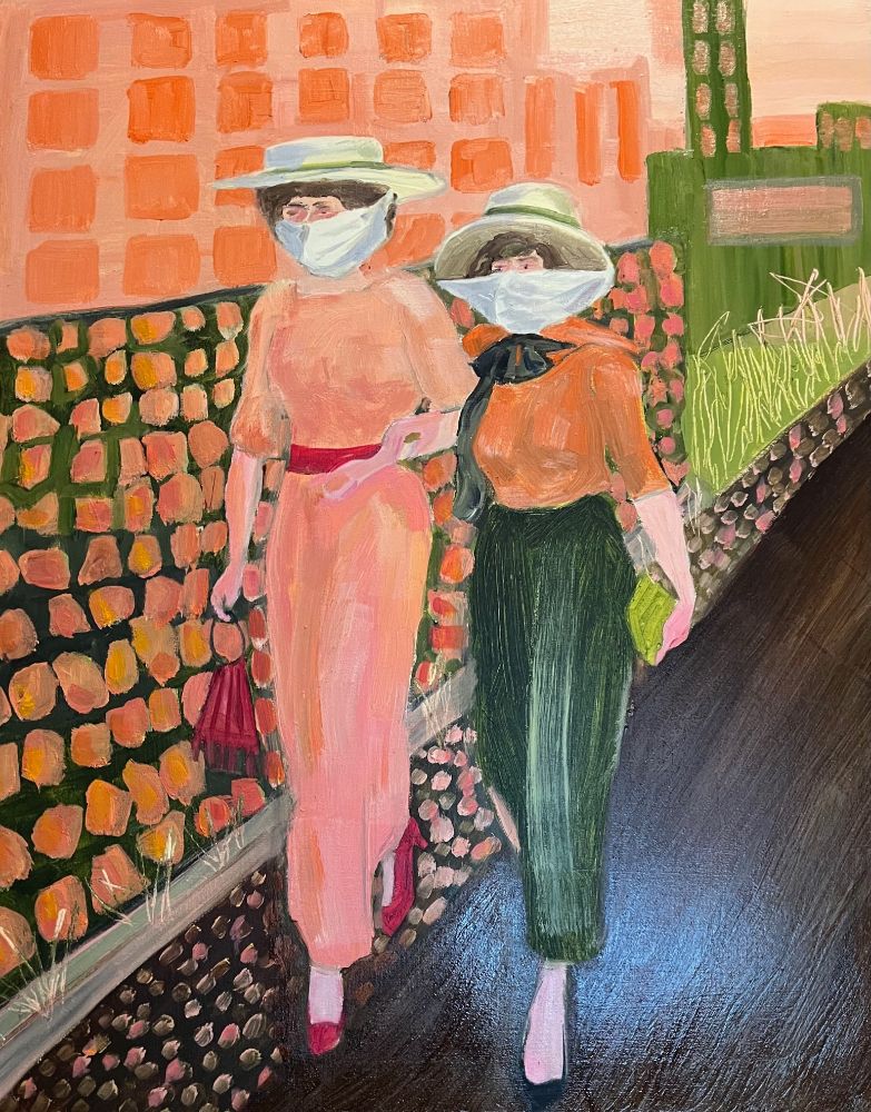Two white women in 1918 stroll down the street wearing masks against the flu. (Not in very protective masks. We’re much luckier today to be able to find ones that work.) But it shows that protections/mitigations don’t have to ruin your life. 24”x30” oil on stretched canvas. Colours are brown, green, red, peach, off-white.