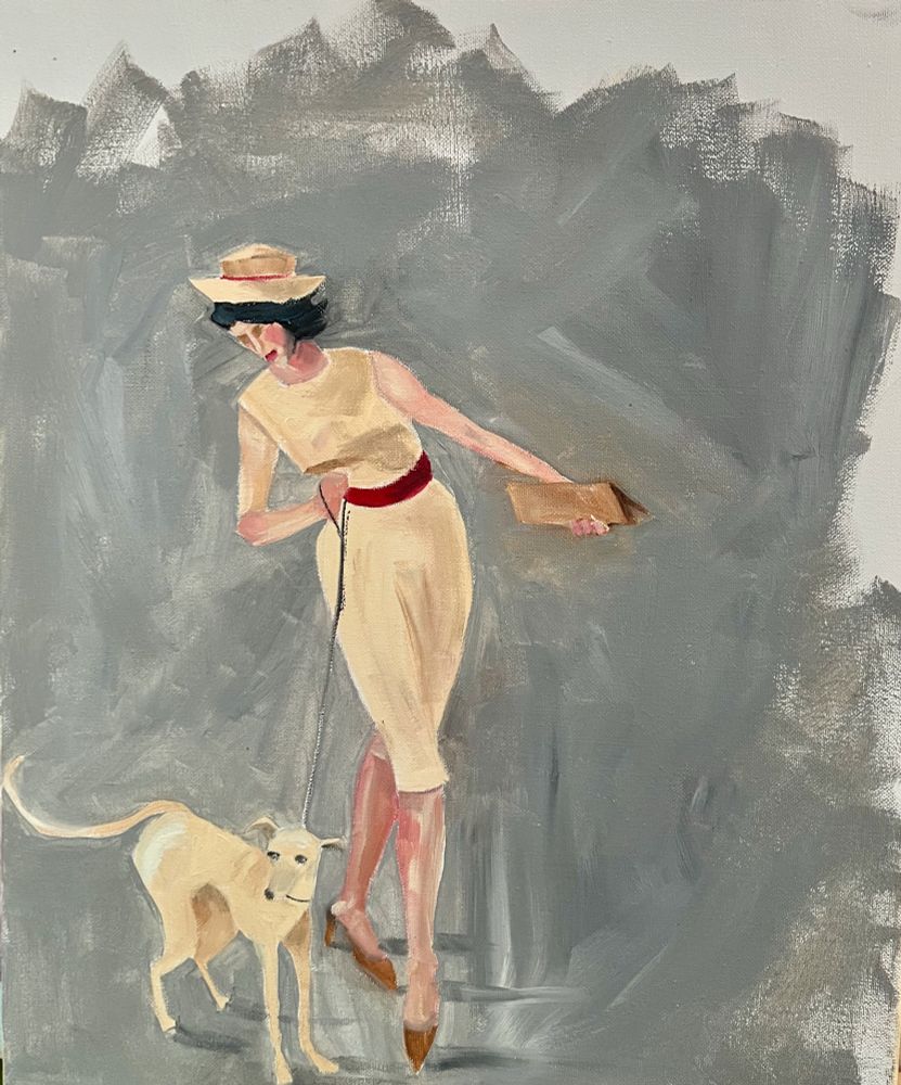 Sunday painting! Remember the 1950s, the “ladies” out walking their fanciful dogs? (Not where I lived, I can assure you. Where I lived, dogs usually worked at pulling up long garden stakes before going awol dragging these coiled metal snakes along behind them.)

16x20 oil on stretched canvas.