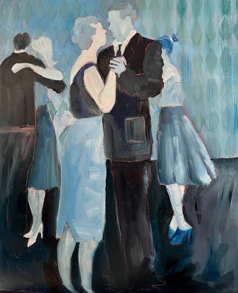 Three het couples dancing, done in blues with diamond shapes on the walls. 24x30"