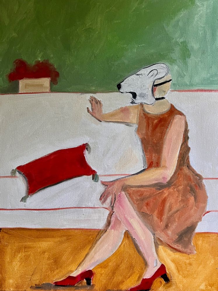 Have you ever had a conversation with an autistic person? The inside person, the outside person, which is most real? Oil in stretched canvas, yt woman sits on white couch with red pillow and red flowers. She wears orange. For sale. I believe this is 16x20”.