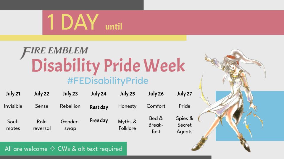 a graphic explaining there is one day until fire emblem disability pride week starts! today's featured character is tailtiu from fire emblem: genealogy of the holy war. she is doing her signature pose, casting a thunder spell while holding up one finger.