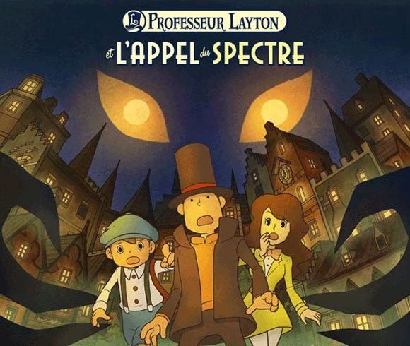 Keyart de Professeur Layton et L’Appel du Spectre, présentant les protagonistes aux prises avec le spectre