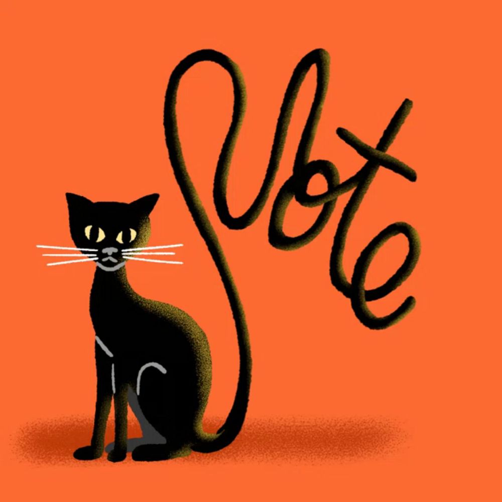 a black cat is sitting next to the word vote on an orange background