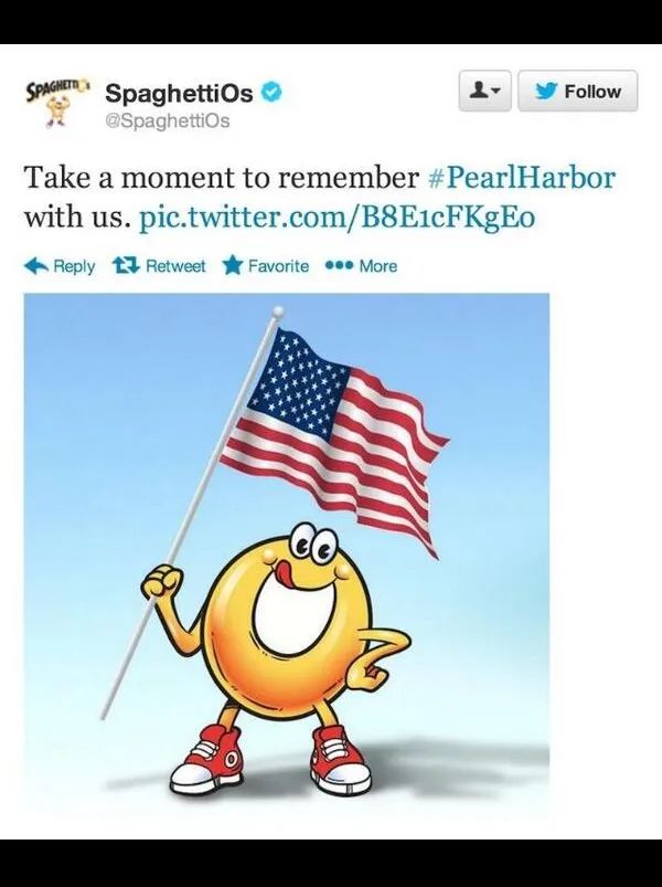 the 11 year old tweet from spaghettios with a spaghetti-o guy holding a flag and saying "take a moment to remember #pearlharbor with us"