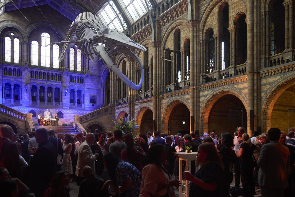 View of Natural History Museum's Hintze Hall and the Blue Whale Skeleton hanging above a crowd of guests.