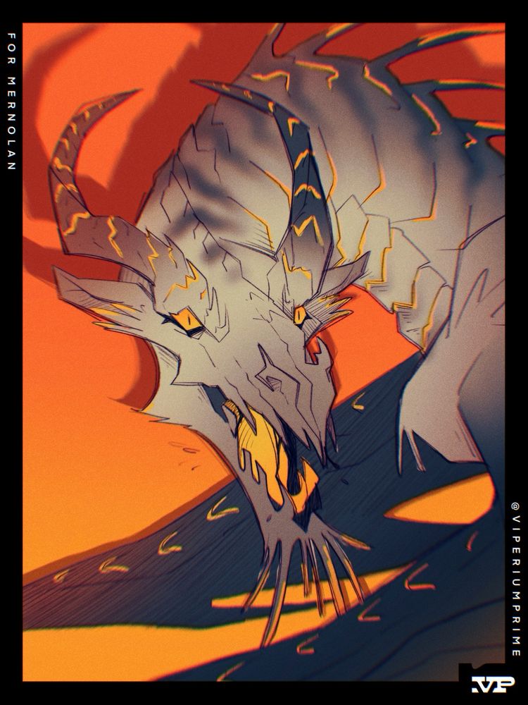 Illustrated Portrait of Mer’s oc, Eiriogh, a gray and yellow dragon-beast. It has gray and black skin with bits of yellow, such as his eyes and peeking under scale intersections. He has two large horns, ears, and spines and spikes all over him
