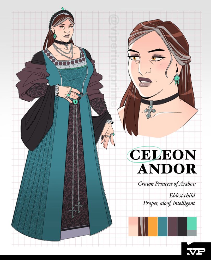 Reference sheet for Celeon, a haughty princess wearing a very ornate dress. She has reddish brown hair with gray streaks, and her dress has a teal color scheme. The sheet shows one full body and a close up of her face, as well as a color picker reference.