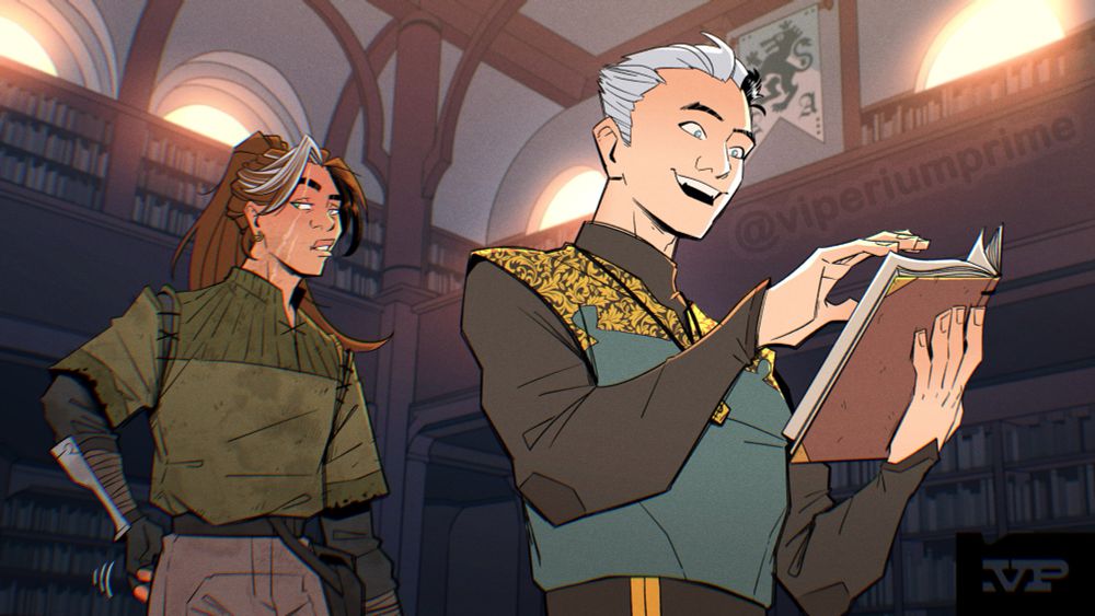 Illustration of two people in a library. One is an ornately dressed priest who excitedly thumbs through a book, and the other is a scruffy armored woman who looks away, disinterested, and scratches her butt.