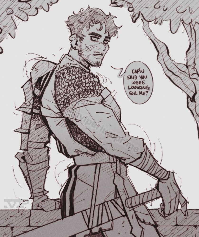 Sketch of a man in medieval armor. He stands sideways, with his head turned toward the viewer. One hand rests on his sheathed sword, the other braced on top of a low stone wall. A speech bubble says “cap’n said you were looking for me?”