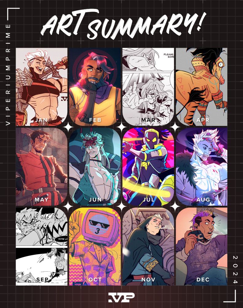 My 2024 art summary, highlighting 12 pieces from each month. The colorful and expressive artwork includes character designs, portraits, comics, and mock screenshot scenes