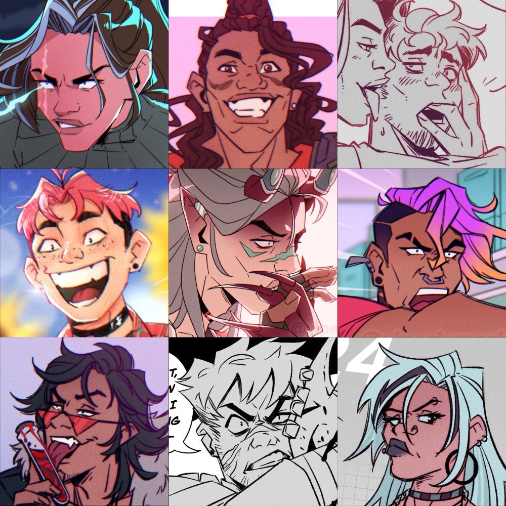 Grid of 9 artworks, cropped to show expressions of characters. Emotion range from determination to glee to sexy to anger
