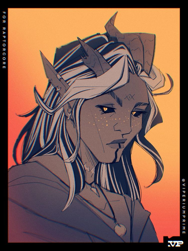 Illustrated bust of raptorcore’s OC, Shroud, a tiefling with black and white hair and one broken horn. He has golden freckles and a few facial tattoos, as well has a scar around his neck