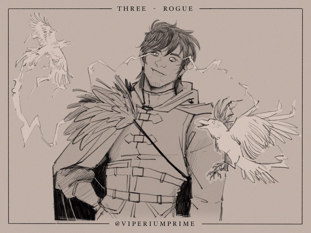Day 3 - Rogue
Sketch of a scruffy man with dark hair smirking, one hand on his hip. He wears an outfit with straps and a shoulder cape with feathers, and a hood is pulled back over his shoulders. Two lightning-esque crows fly around him, projected from his eyes.