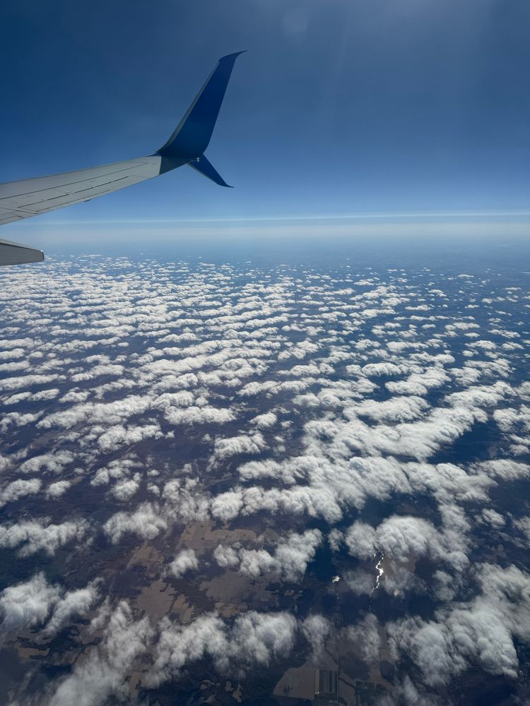 Photo from the window of an airplane, showing a sky filled with hundreds of very similar, small clouds