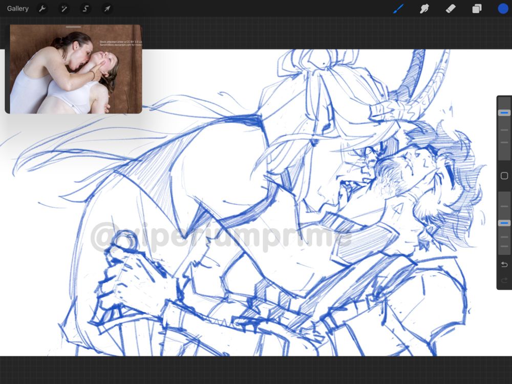 Screenshot from Procreate showing a sketch of a man vampire biting another man’s neck. They’re both crying, and the man being bitten drops his knife