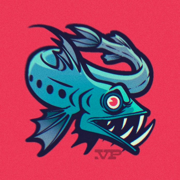 Stylized illustration of a blue viperfish, a long-bodied deep sea fish with a large jaw and sharp pointy teeth. It has a red eye and an angry, vicious expression 