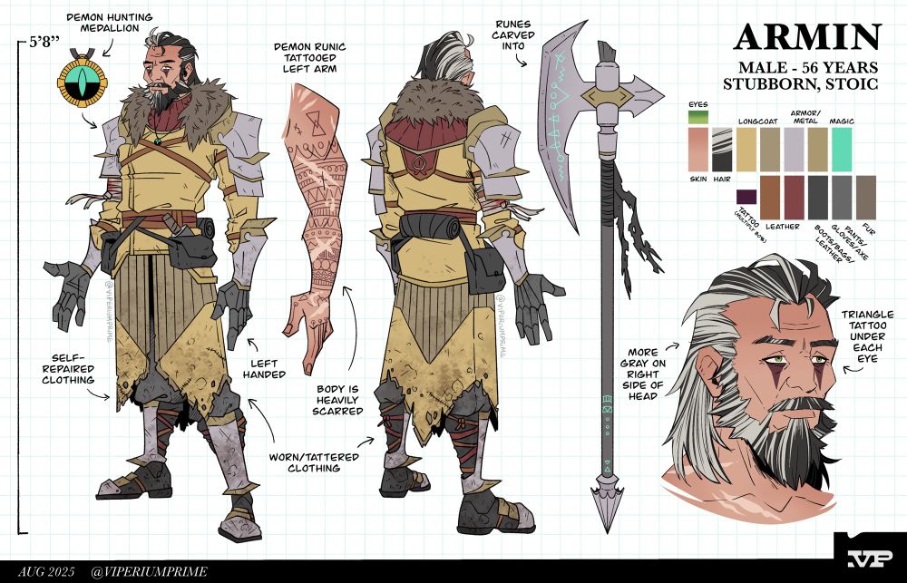 Reference sheet of an older man with a yellow color scheme. He has a black and white mullet and beard, with more white on his right side. Underneath each eye is a triangle tattoo. He is wearing a yellow long coat with armor on top. The clothing is torn and muddied. Also on the ref sheet is a detail of his left arm, covered in a sleeve of bands with geomtrics patterns. His great axe is also shown, which has simple shapes called runes carved into it. The ref sheet is dotted with other design notes, such as his left handedness or body scars.