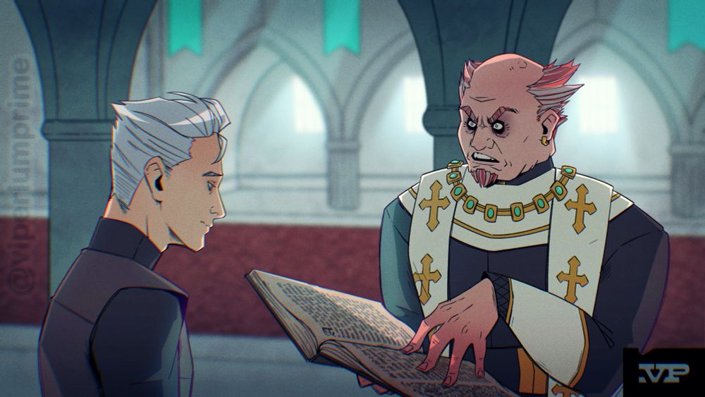 An older man with red and white hair berates a young man in front of him, aggressively tapping the page in a book. The young man looks tired and on the verge of crying. Both men stand in an alcove of a church