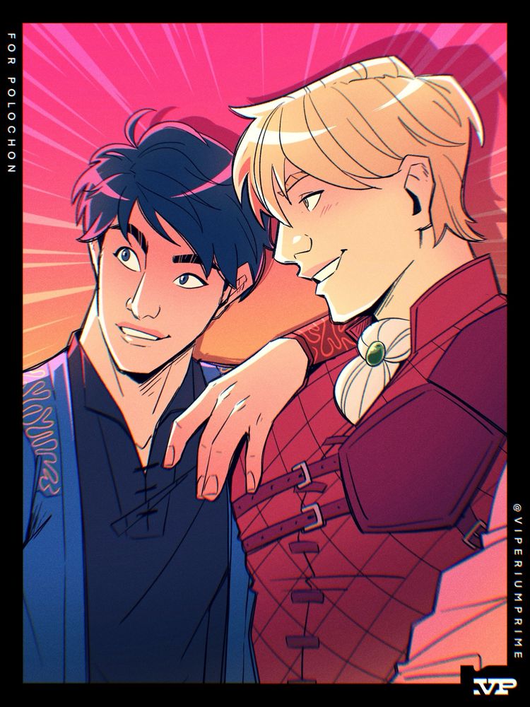 Illustrated portrait of Polochon’s OCs, Theo and Eliot. Theo, a man with dark blue hair, rests an arm on the shoulder of Eliot, a blonde man. Theo smiles at something off screen to his left, while Eliot glances at Theo with a slight blush. Theo is wearing a blue shirt and open sweater, and Eliot is wearing a fancy shirt under leather armor