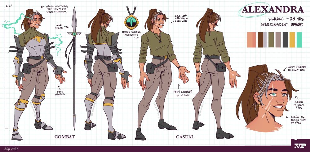 Ref sheet for Alex, a thin female spearwoman with a green color theme. She has brown hair up in a ponytail, and a few scars on her body.  The ref sheet shows front and back for two outfits, as well as a close up of her face and a color picker reference. The sheet is scattered with design notes